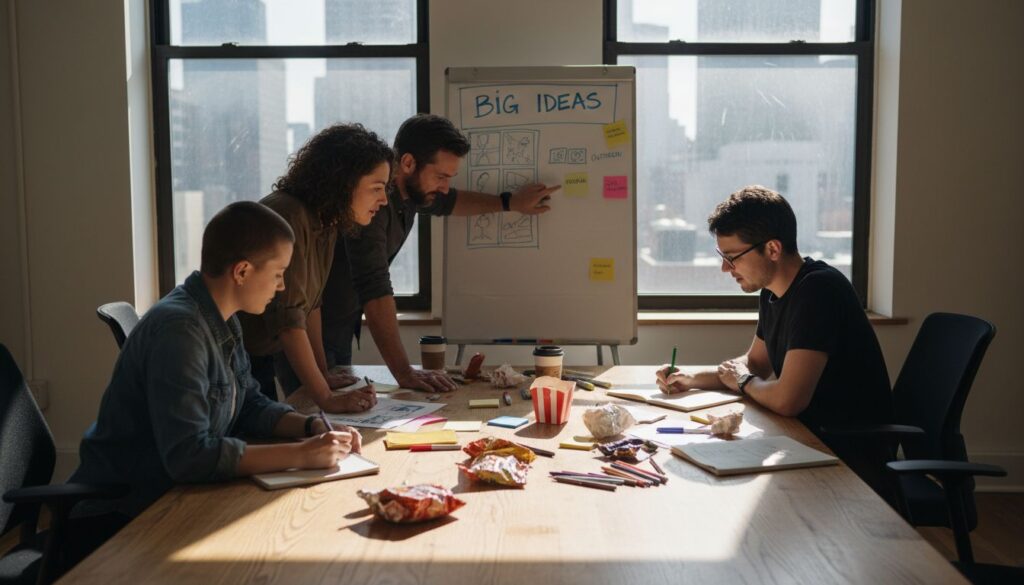 Creative team collaborating in office on ad ideas