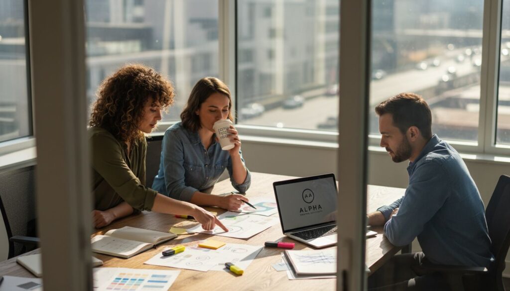Small business team discussing digital branding in office