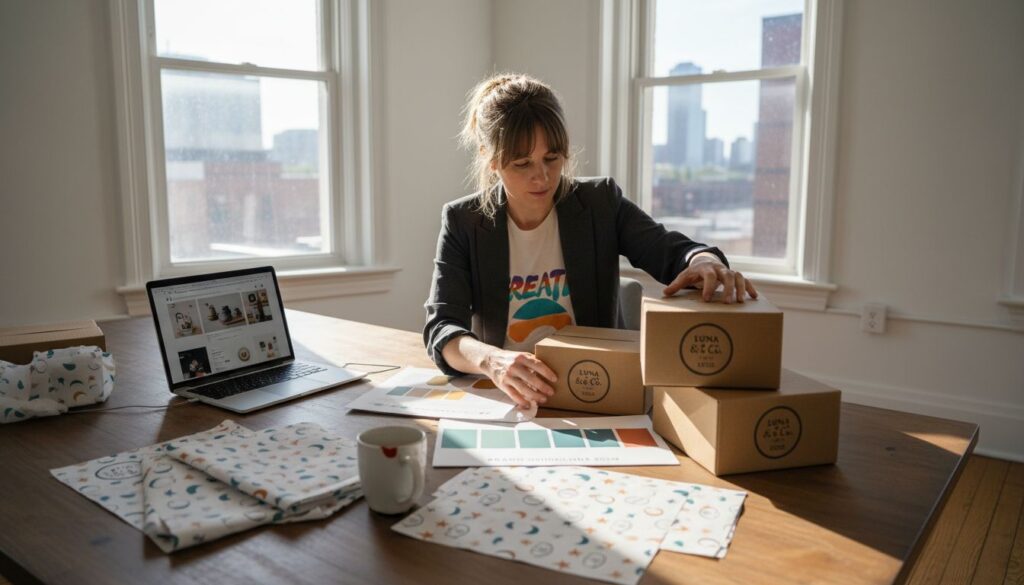 Ecommerce founder reviewing brand at workspace