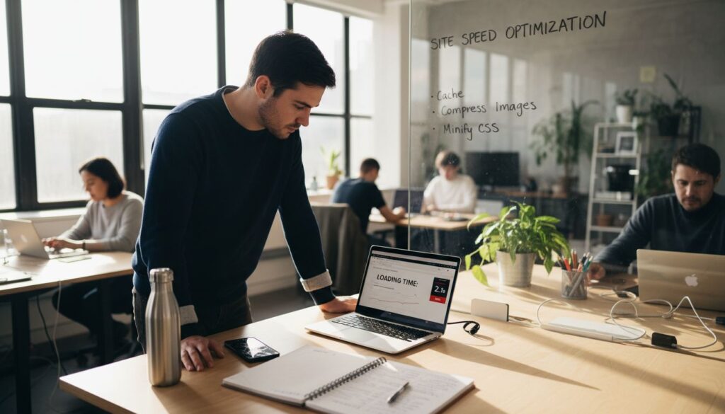 Startup manager checking website speed on laptop