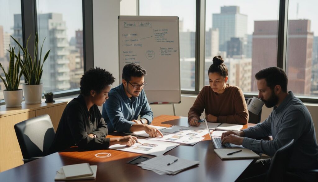 Marketing team reviews brand design concepts