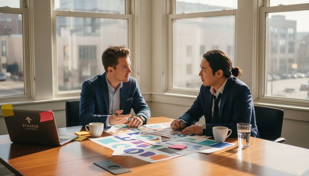 Marketers discussing branding at office table