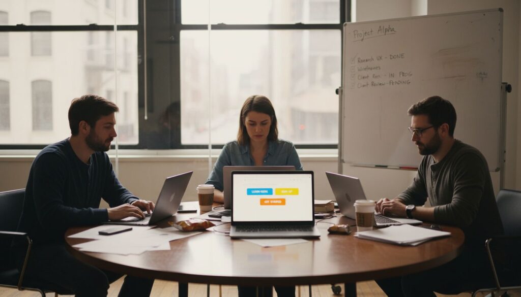 Web team planning in sunlit office with wireframe