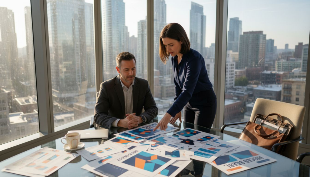 Brand strategy meeting in city corner office