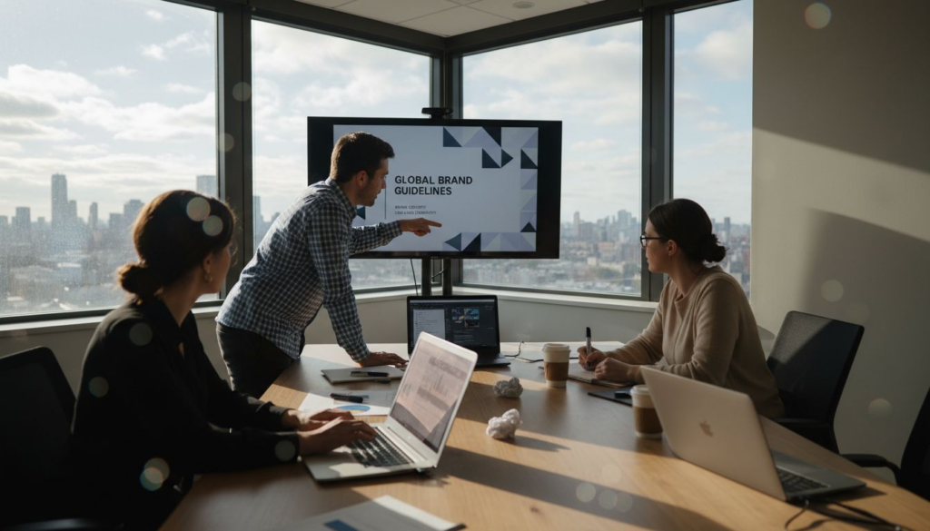 Team reviews digital brand identity in office
