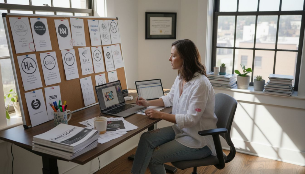 Brand manager reviewing visuals at desk
