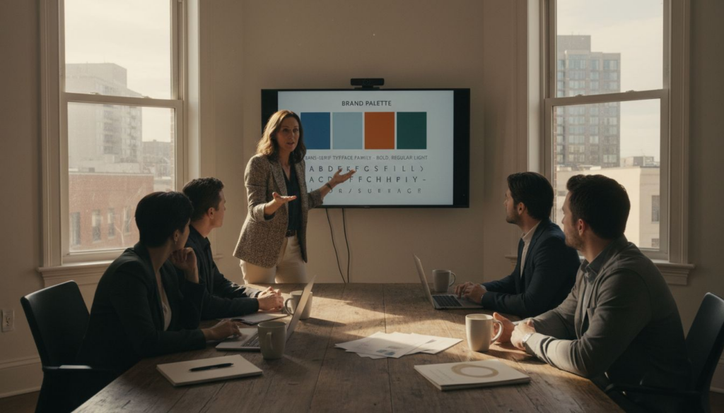 Branding team reviewing guidelines in office