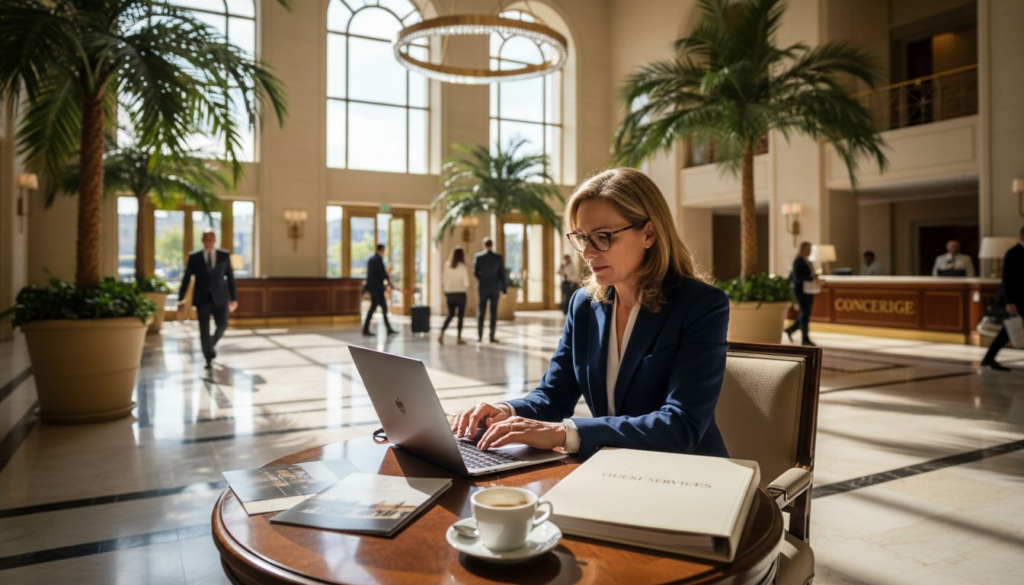 Hotel manager working in luxury lobby