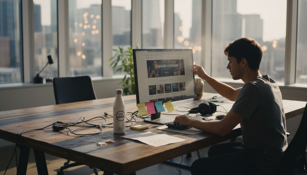 Designer updating ecommerce homepage in corner office