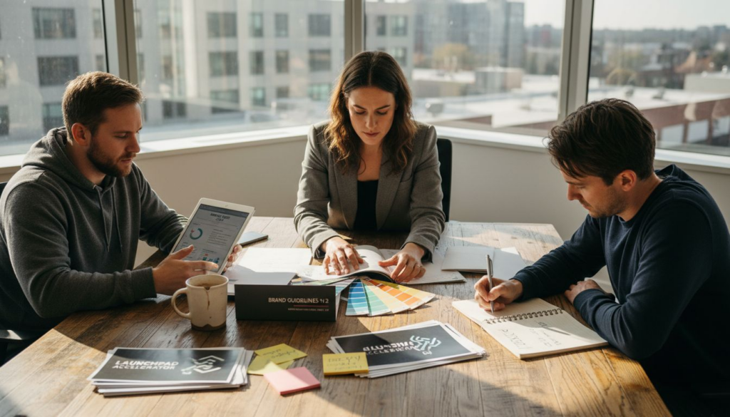 Startup team discussing branding guidelines