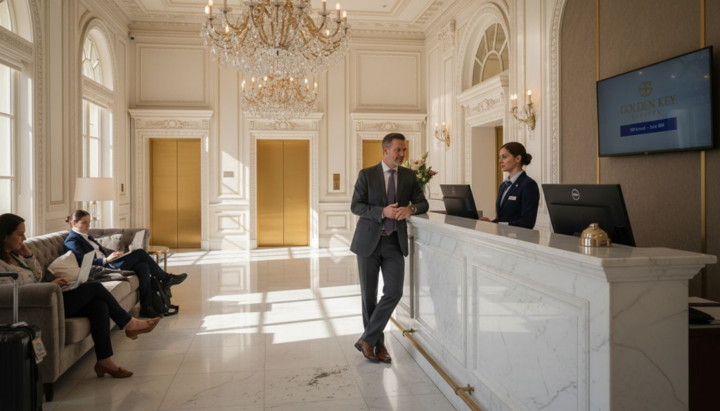 Luxury hotel manager supervising brand recognition