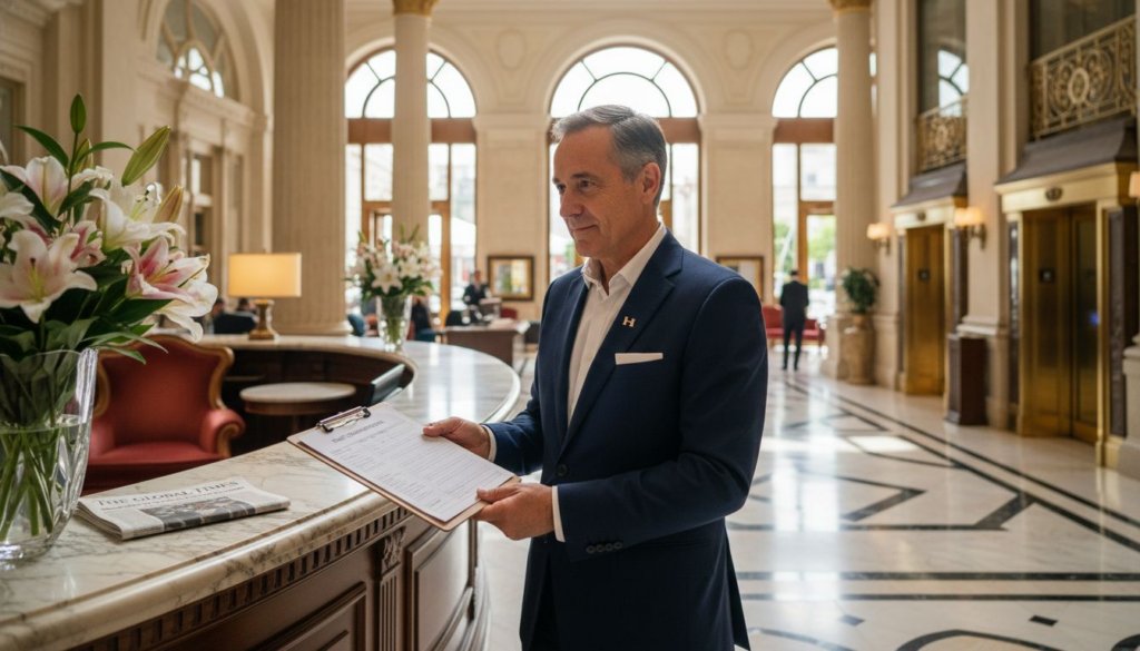Manager in luxury hotel lobby branding
