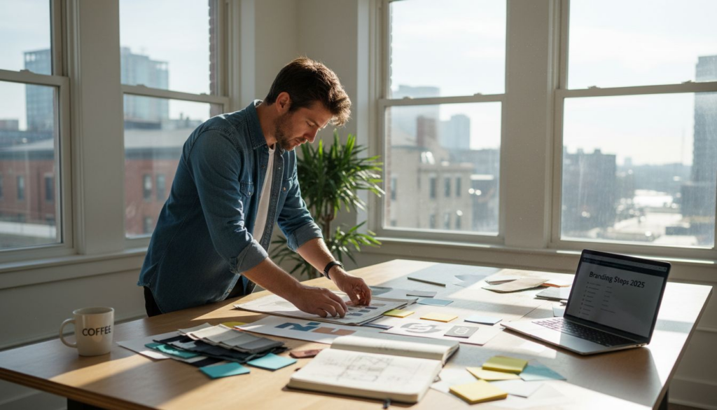 Small business owner planning branding at sunlit desk
