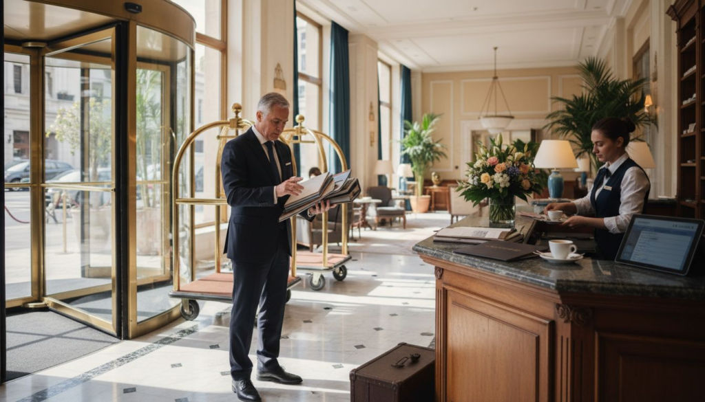 Manager reviews branding in luxury hotel lobby