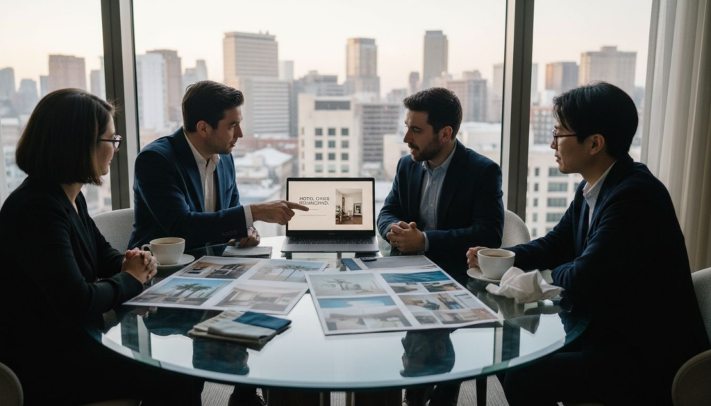 Team meeting for hospitality brand refresh