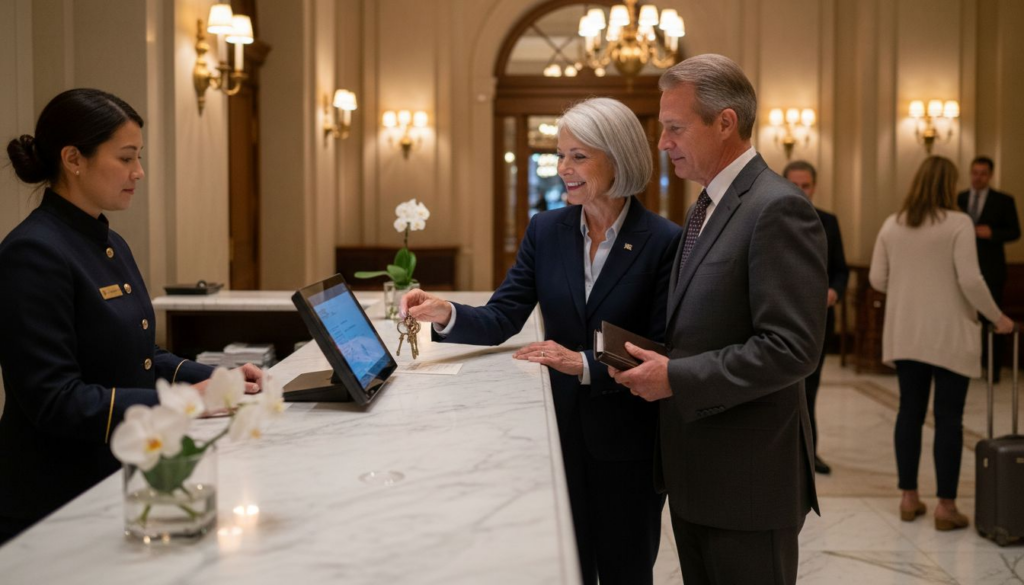 Couple checking in at luxury hotel lobby
