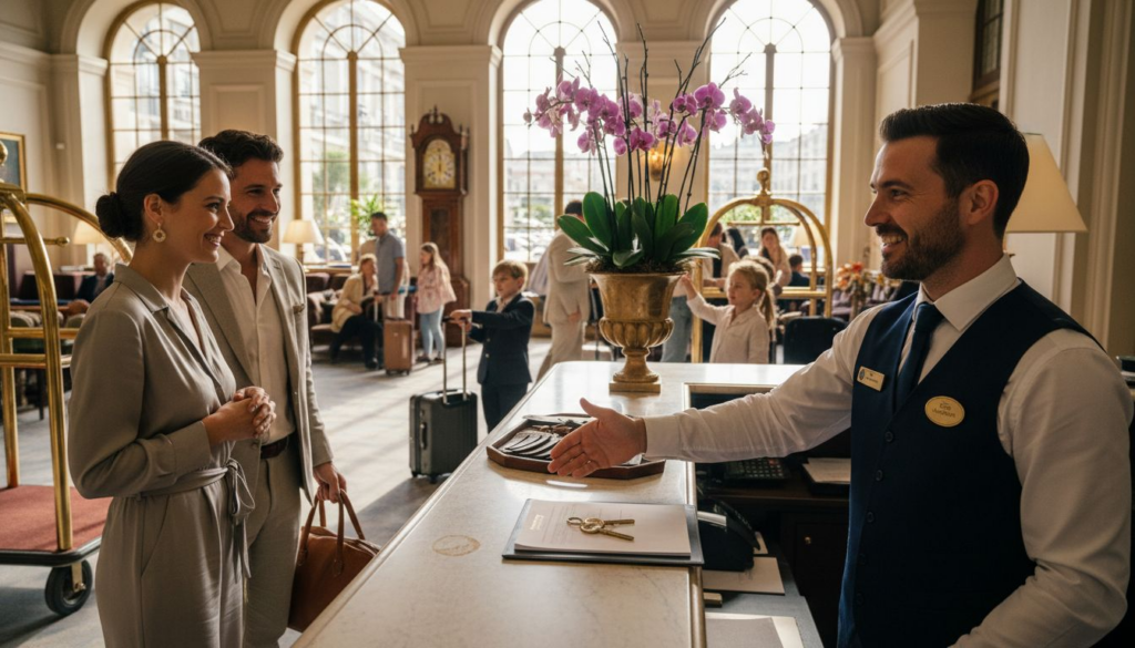 Concierge welcoming guests at luxury hotel lobby
