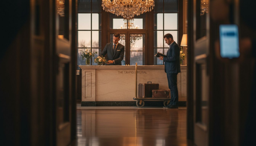Concierge tending to luxury hotel reception
