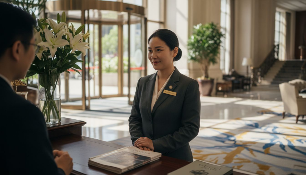 Concierge welcomes guest in luxury hotel lobby