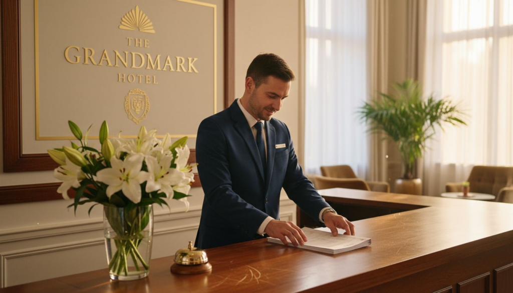 Concierge at branded hotel lobby desk