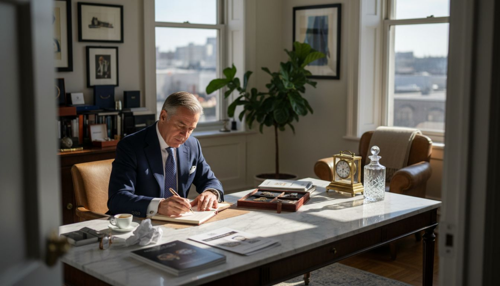 Luxury brand manager in corner office