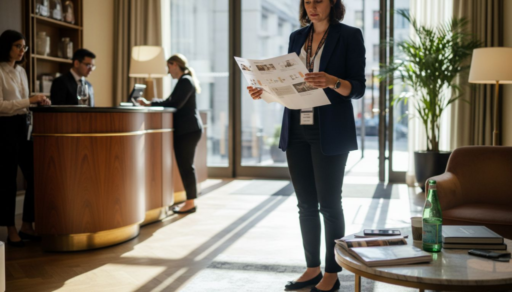 Hotel manager reviews visual brand storyboard