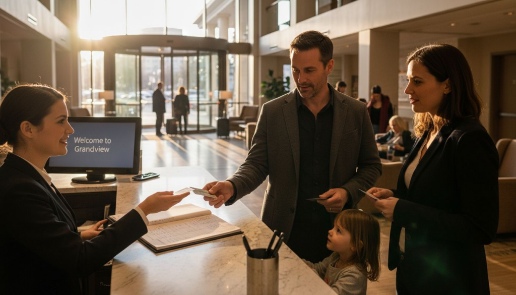 Hotel guest check-in scene at lobby counter