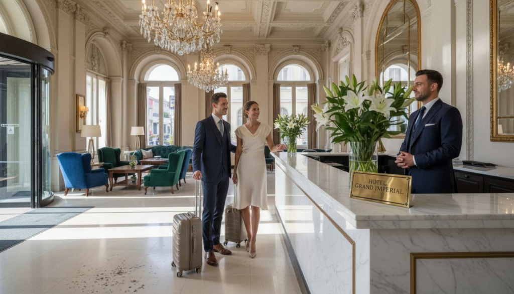 Concierge greets guests in luxury hotel lobby