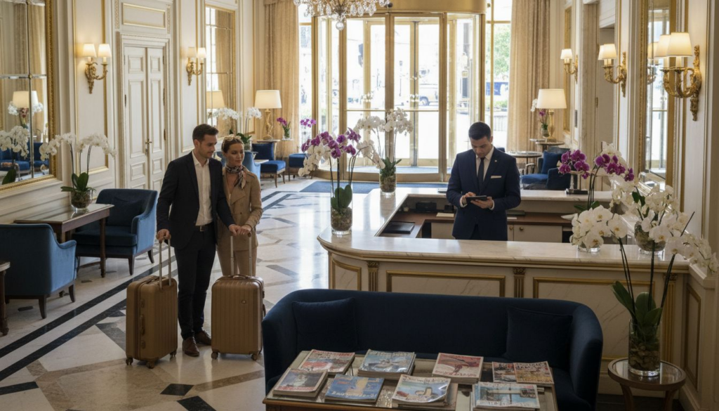 Concierge assisting guests in luxury hotel lobby