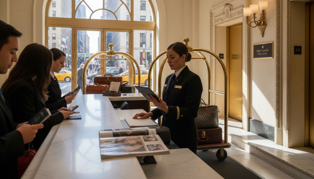 Luxury hotel concierge using tablet for booking
