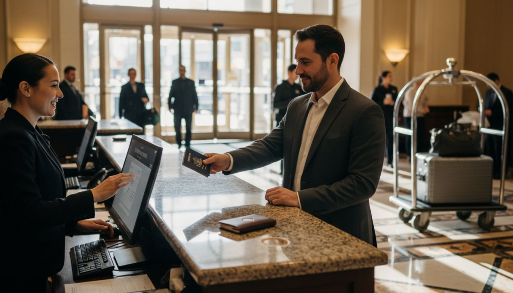 Hotel guest checking in at busy lobby