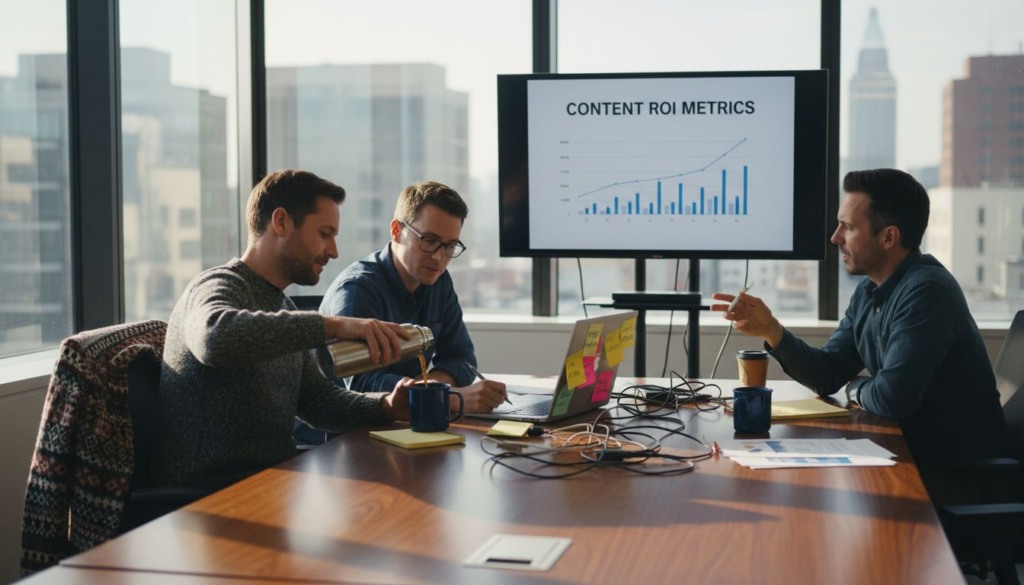 Team meeting about content strategy in office