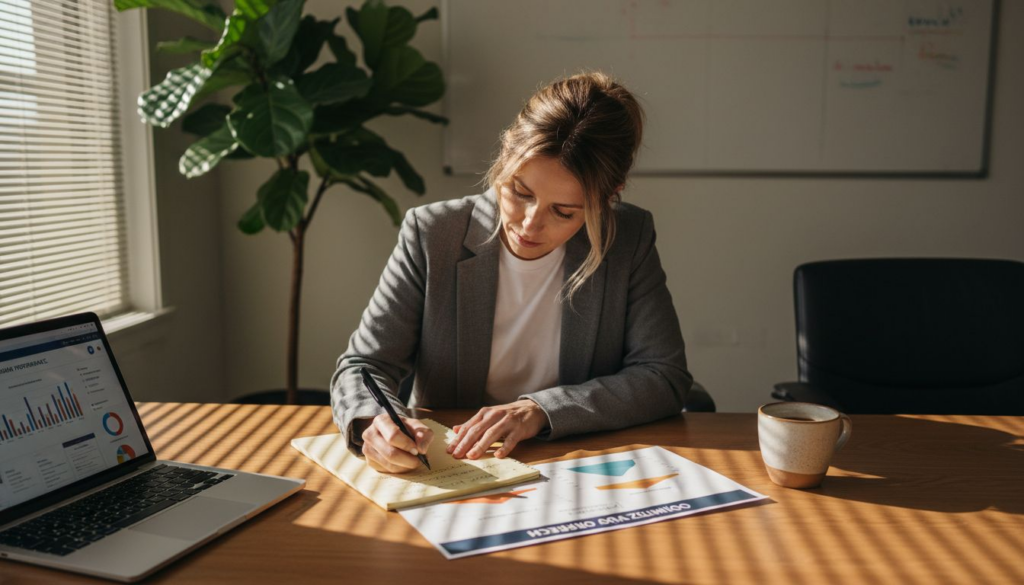 Manager reviewing landing page layout at desk