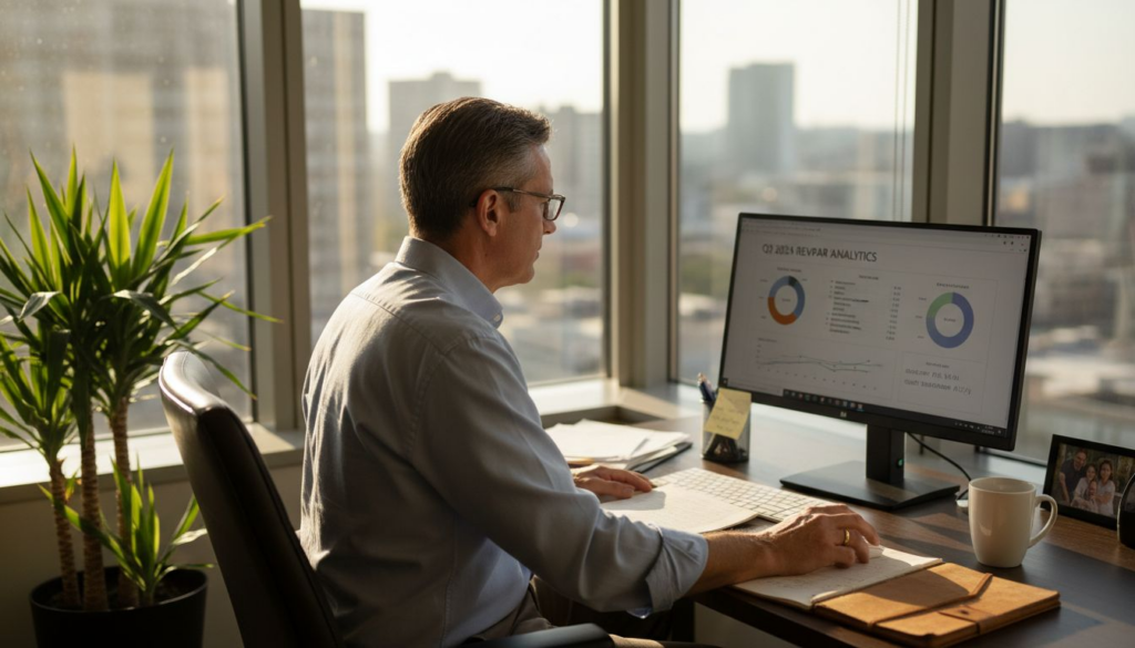 Hotel manager studying online analytics in windowed office