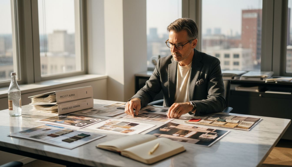 Creative director arranges luxury brand concepts