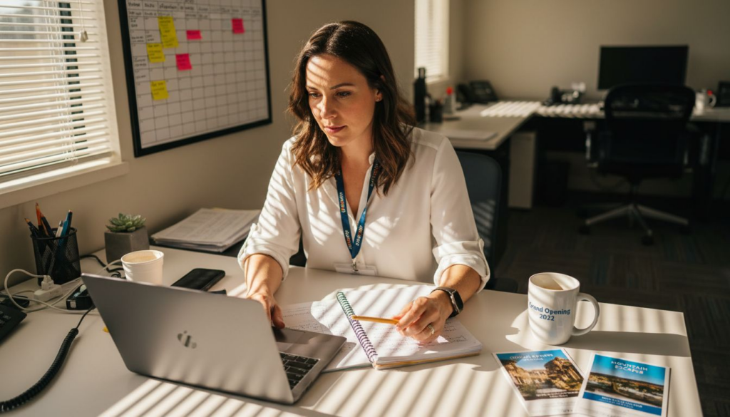 Hotel marketing manager at desk with laptop