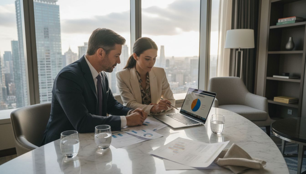 Executives discussing hospitality market insights