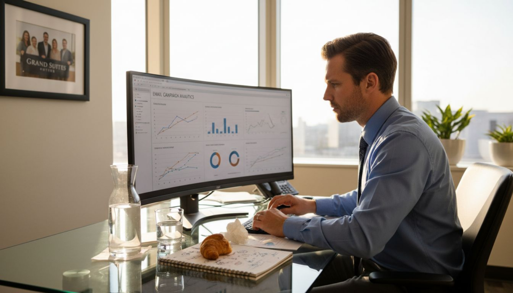 Hotel marketing manager at glass desk