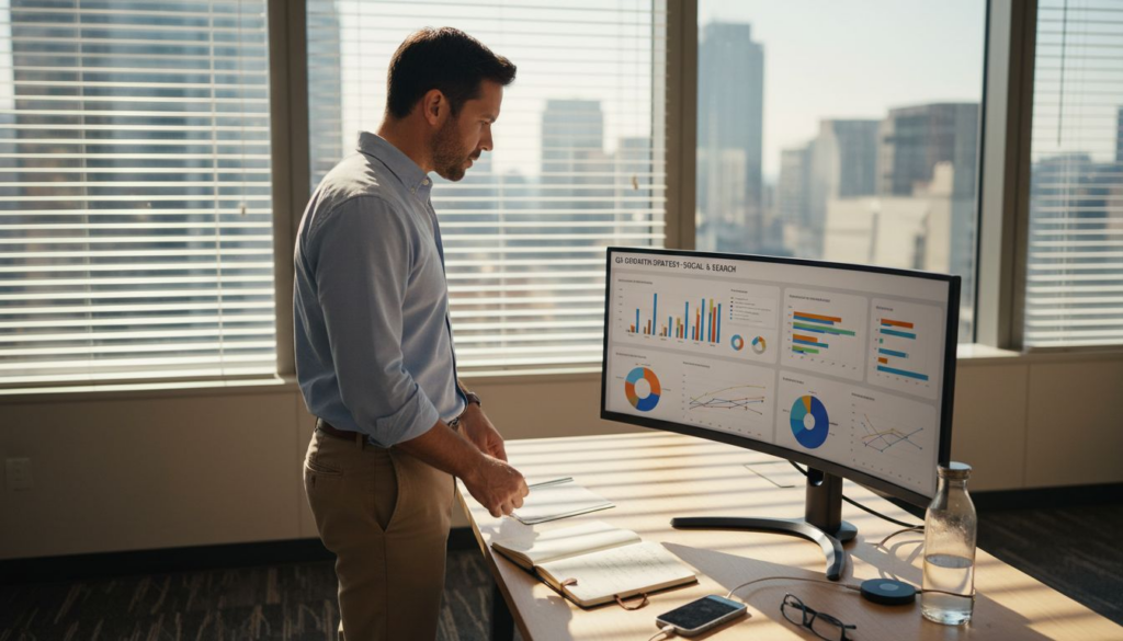 Marketer reviewing workflow at office desk