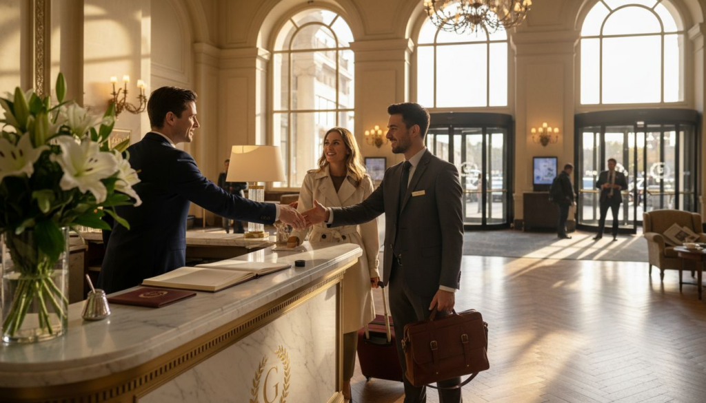 Concierge greeting guests in luxury hotel lobby