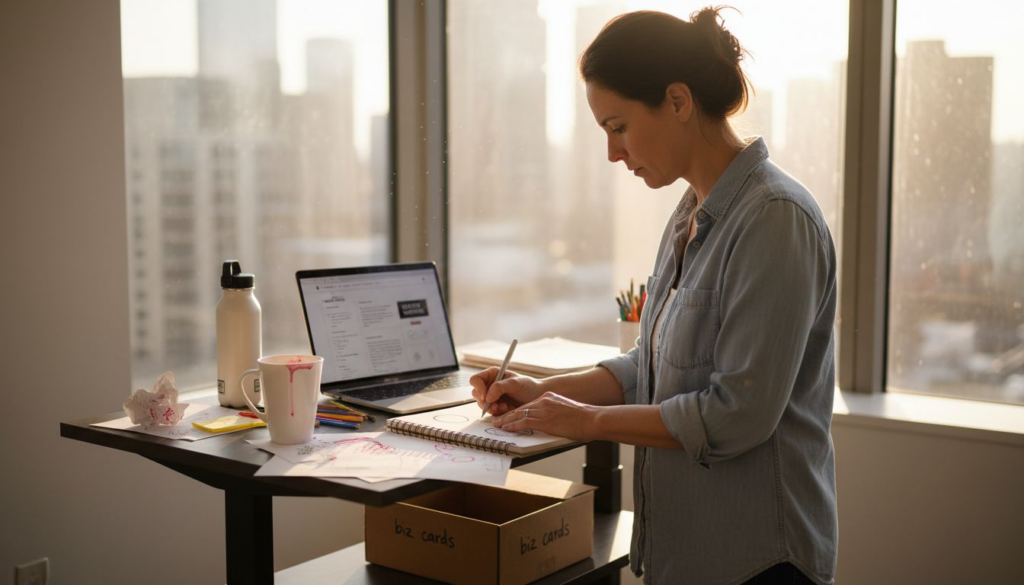 Small business owner sketching branding ideas at desk