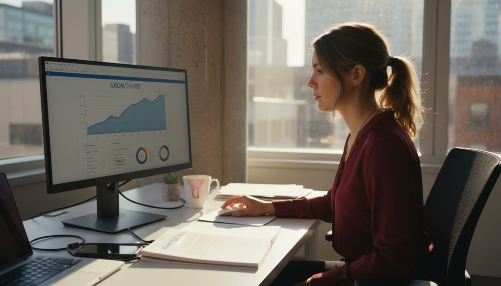 Marketing manager reviewing growth ROI dashboard