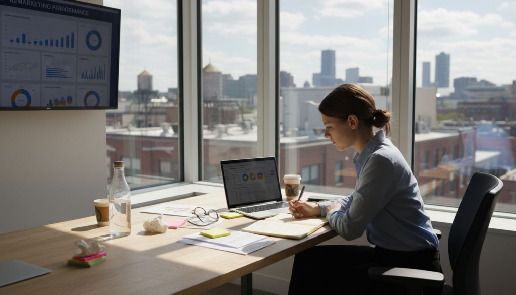 Marketing manager reviewing remarketing results