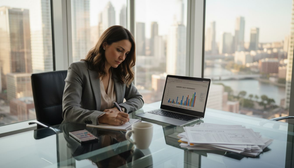 Businesswoman focused on ecommerce strategy workspace