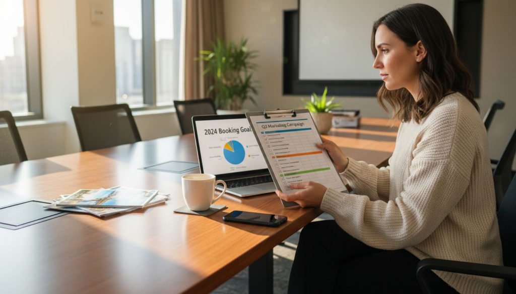 Woman reviewing marketing strategy checklist at conference table