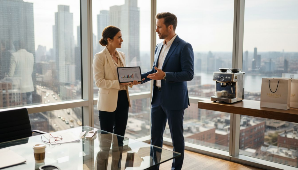 Two executives discuss luxury ecommerce marketing campaign