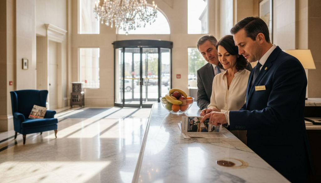 Concierge assisting guests in luxury hotel lobby