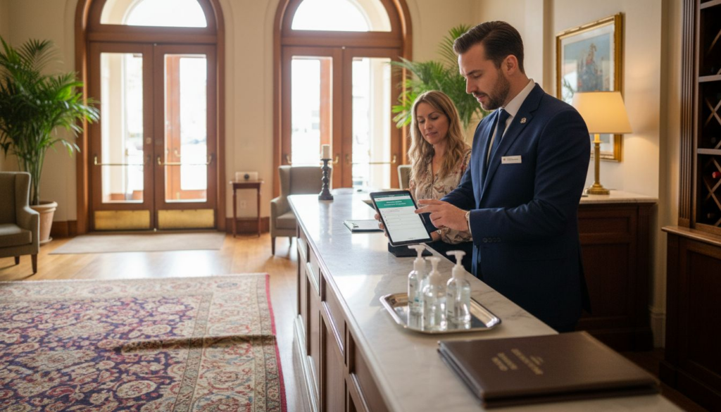 Concierge using tablet at luxury hotel desk