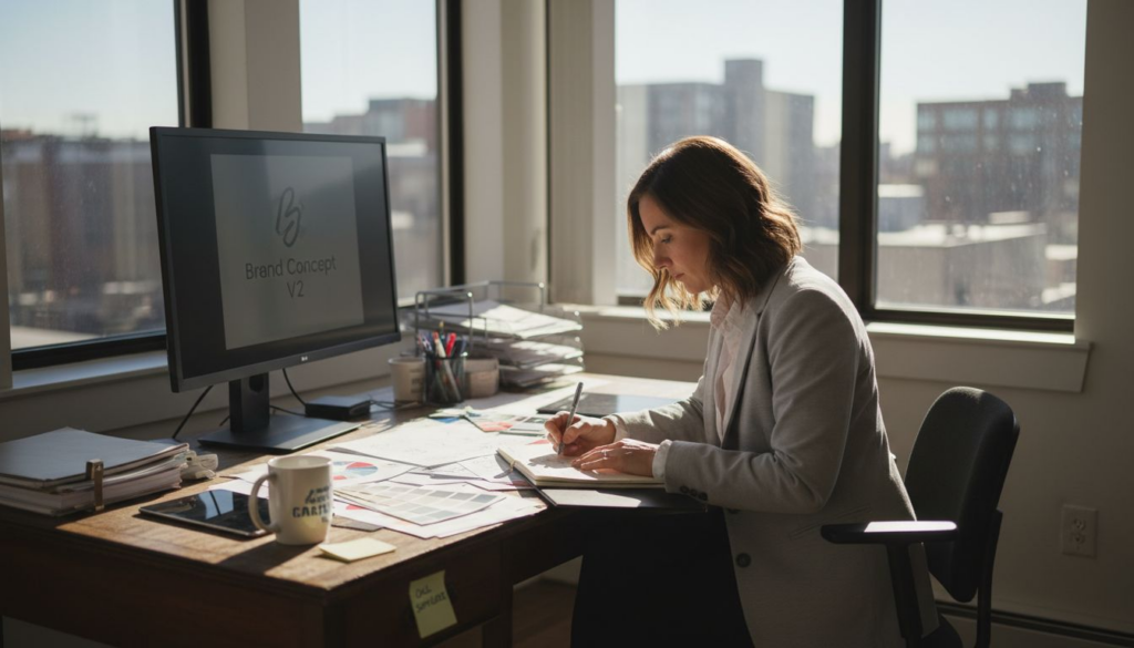 Small business owner reviewing branding materials