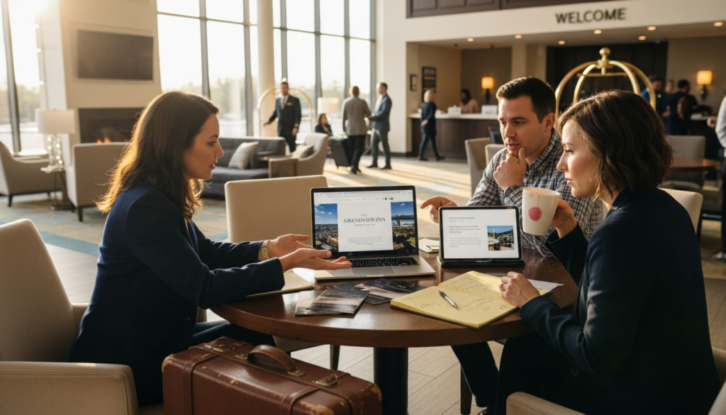 Hotel branding team meeting in lobby workspace